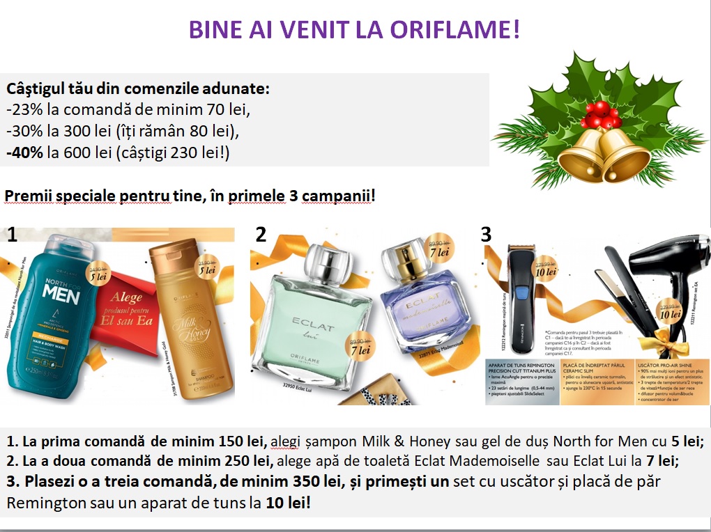 PREMII DE BUN-VENIT! <br>În primele 3 campanii de activitate, primești, pe rând, pe lângă comision, câte unul din produsele de mai jos, la preţuri simbolice! Și apoi alte premii :)