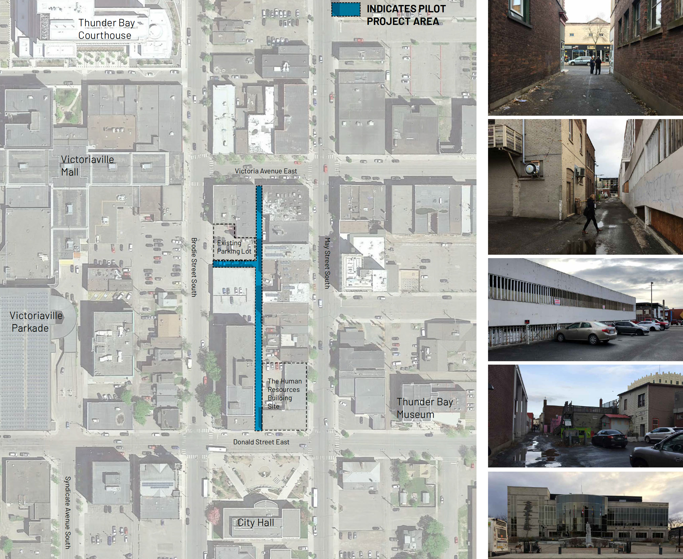 The first laneway under review runs parallel between May Street South and Brodie Street South and extends between Donald Street East and Victoria&nbsp;Avenue East.