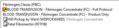 <strong>Physician Fibrinogen Level Order: </strong>If the Physician wants to order a Fibrinogen blood test they will order it as 'Fibrinogen, Clauss (FIBC)<strong><br><br>Physician Product Order</strong>: When the Physician wants to order Fibrinogen Concentrate (RiaSTAP) they will use the order of 'BLOOD TRANSFUSION- Fibrinogen Concentrate (FC)- Full Protocol' and complete and sign the order. <br><br><strong>Nurse Pick-Up Order:</strong> When the nurse is ready to pick up the product from the lab they would enter LM/WD pick up by ward, Fibrinogen Concentration (same as current process for all blood products)
