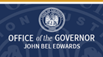 Blue Logo with white louisiana state seal with whi