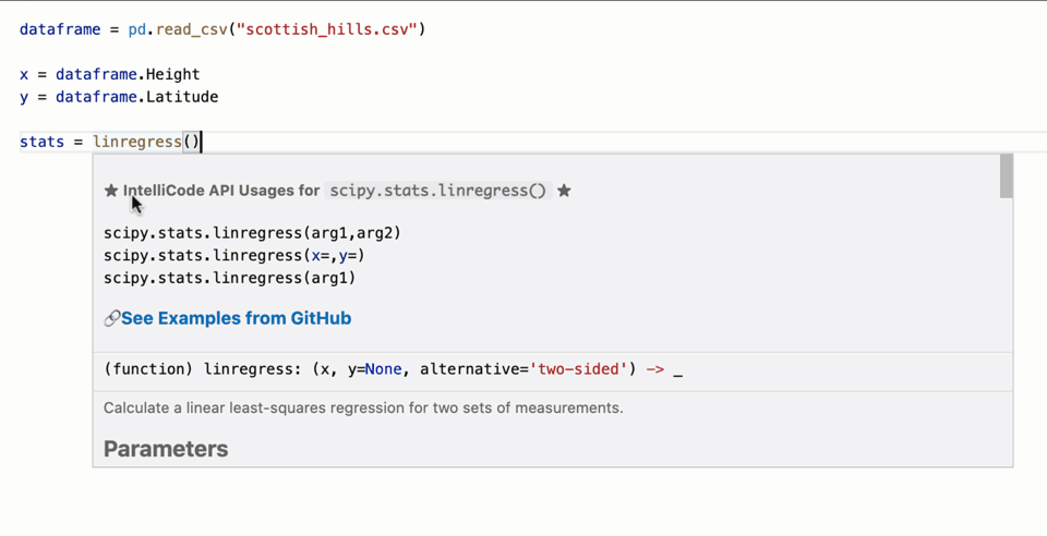 A python user types a function name, then hovers to see information, and clicks to see usage examples from GitHub