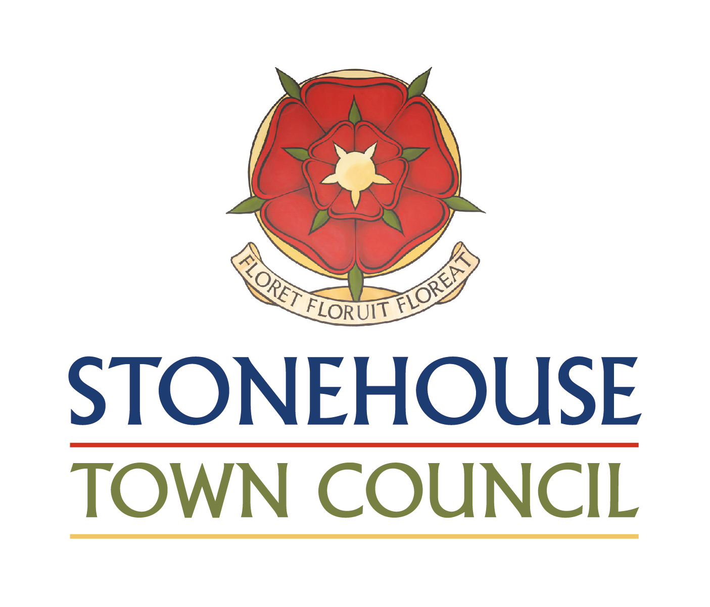 Stonehouse Town Council logo - name , rose and mot