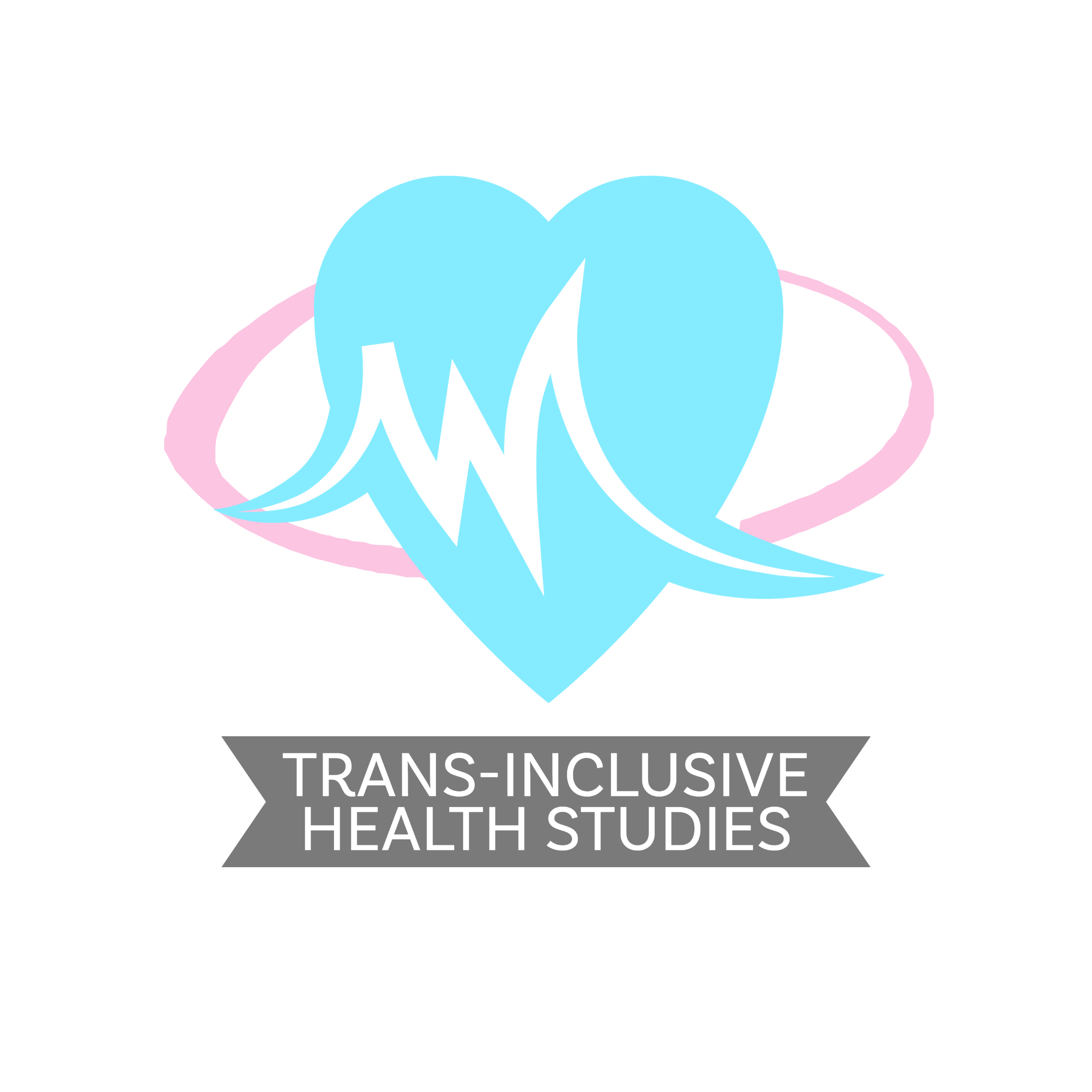 Blue heart with waves circled by a pink circle with Trans-Inclusive Health Studies written beneath.