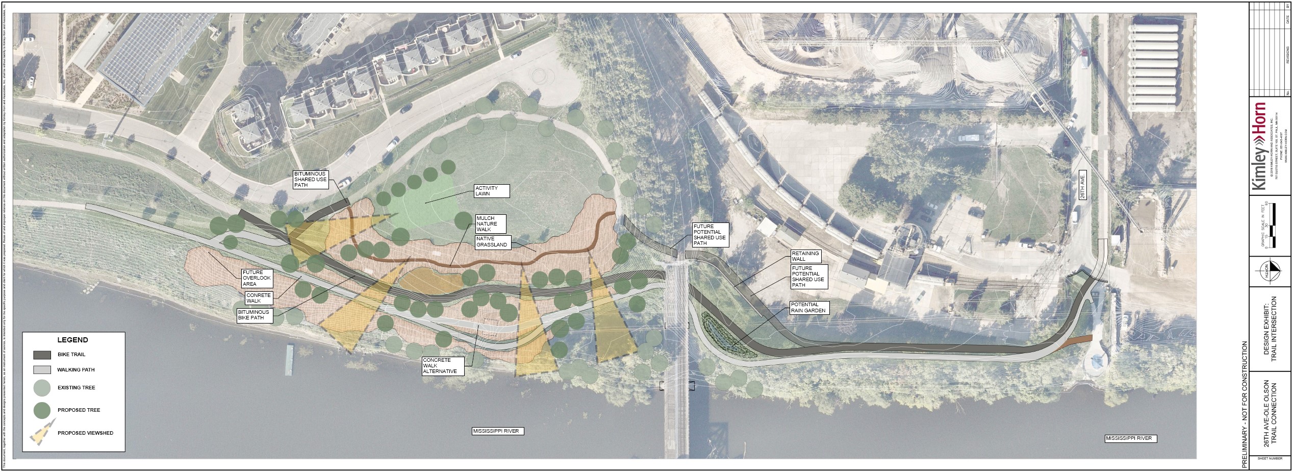 The most current alignment and plan is below. May 2022. Image may be seen in greater detail under "Key Documents" on the <a href="https://www.minneapolisparks.org/park_care__improvements/park_projects/current_projects/26th-ave-n-overlook-ole-olson-park-trail-connection/" rel="nofollow" target="_blank">project webpage</a>.