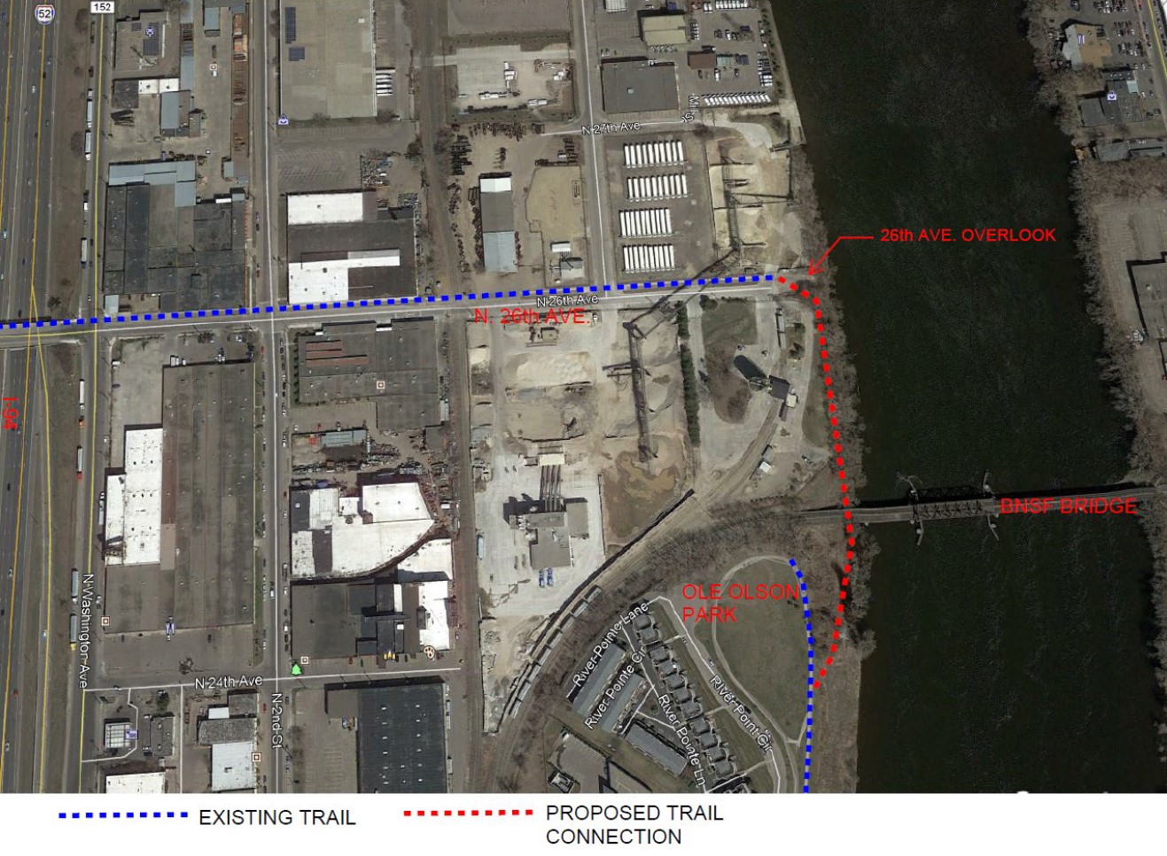 For reference, here is a map showing the general location of the new trail (red dashed line) connecting to the existing trails (blue dashed lines) along 26th Avenue North and West River Road.