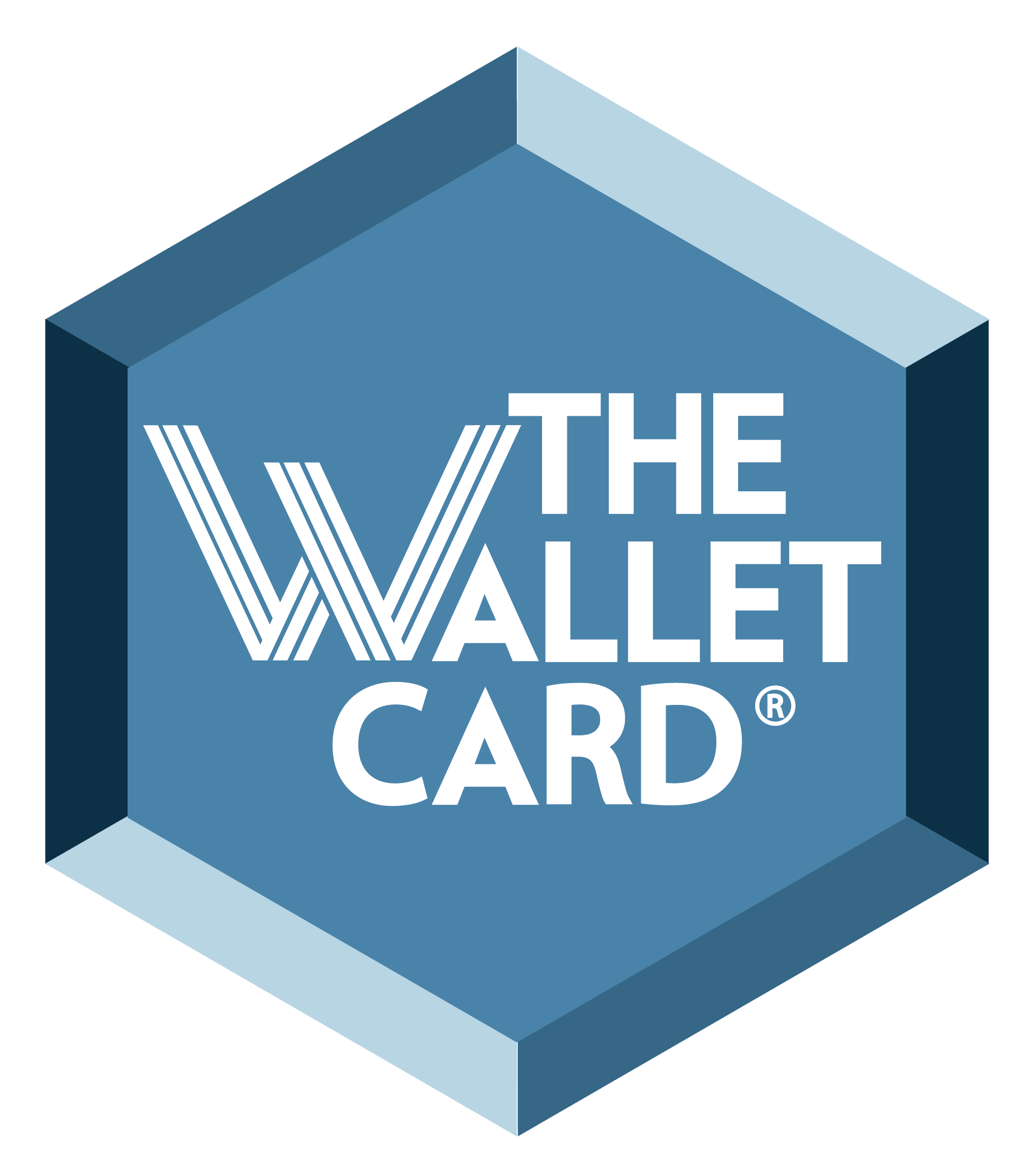 The wallet card logo a blue hexagon with the words
