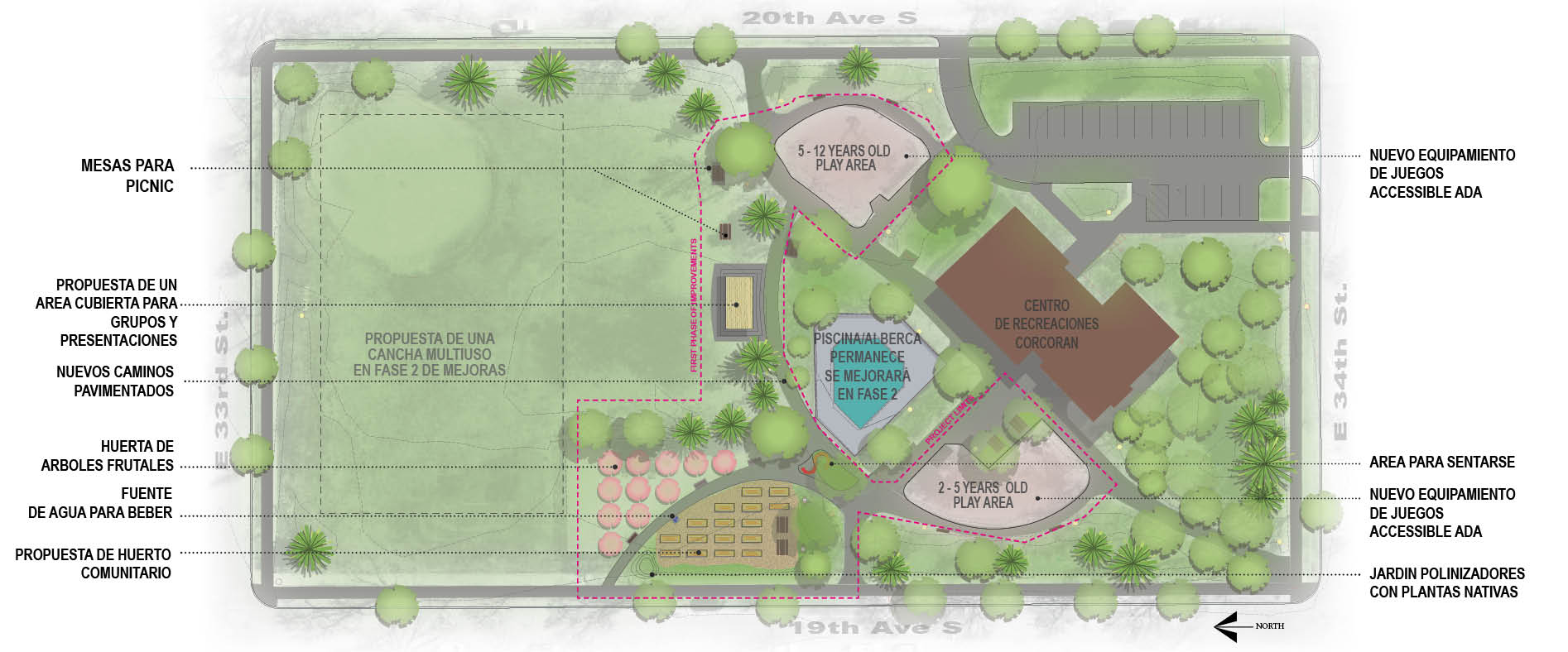 PROPUESTA PARA FASE 1: El area de juego para ni&ntilde;os ser&aacute; mejorado con nuevo y mas equipamiento de juegos. Se remover&aacute; la cancha de tenis para crear un huerto comunitario con &aacute;rboles frutales de libre acceso para todos en la comunidad. Adem&aacute;s se mejorar&aacute; la circulaci&oacute;n y los caminos en el parque, y se a&ntilde;adir&aacute; un &aacute;rea cubierta para grupos y para presentaciones y bandas de m&uacute;sica.&nbsp;