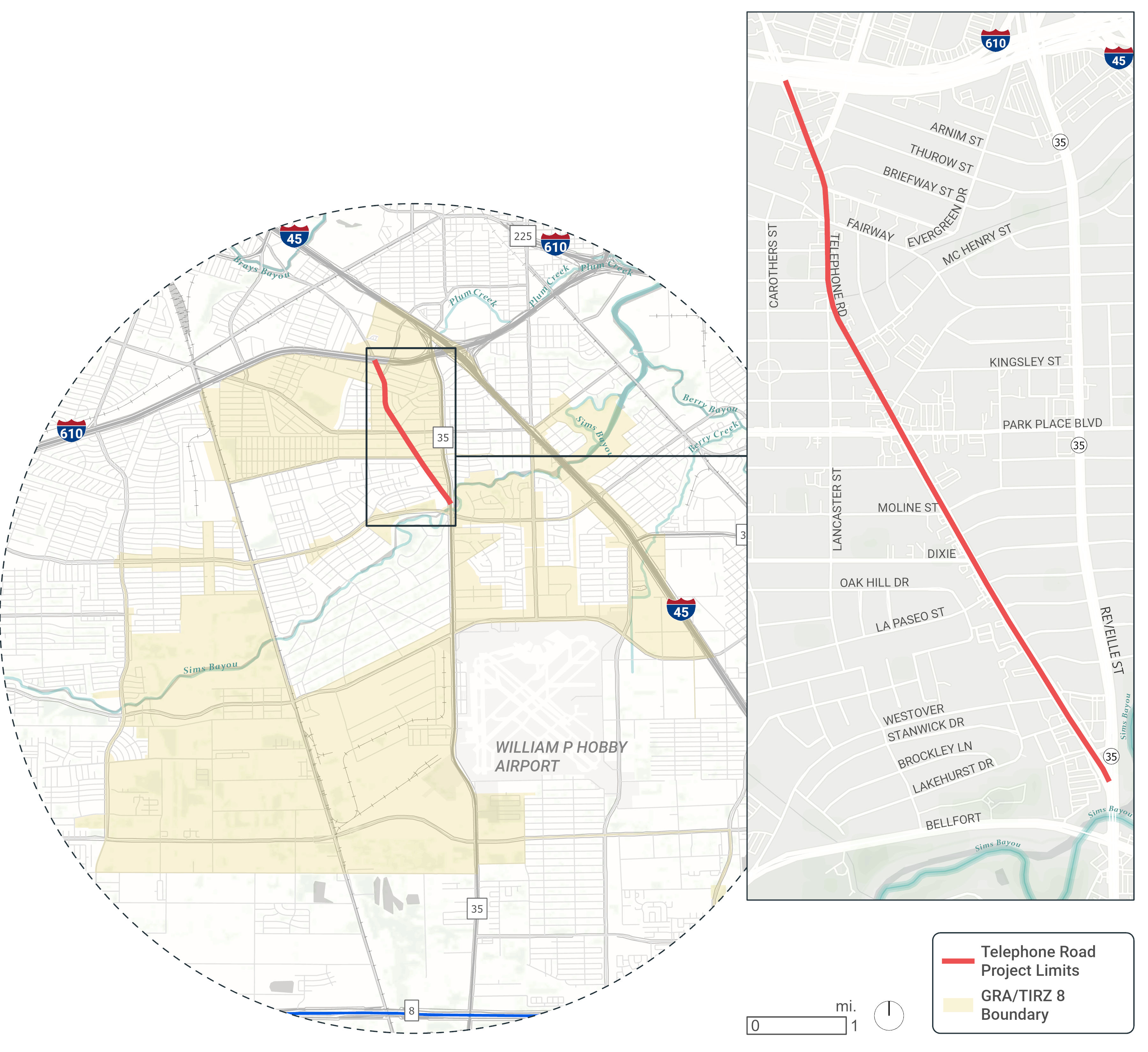 Para esta encuesta, considere la secci&oacute;n de Telephone Road desde S. Loop 610 hacia el este hasta Reveille Street, que se muestra en rojo aqu&iacute;:
