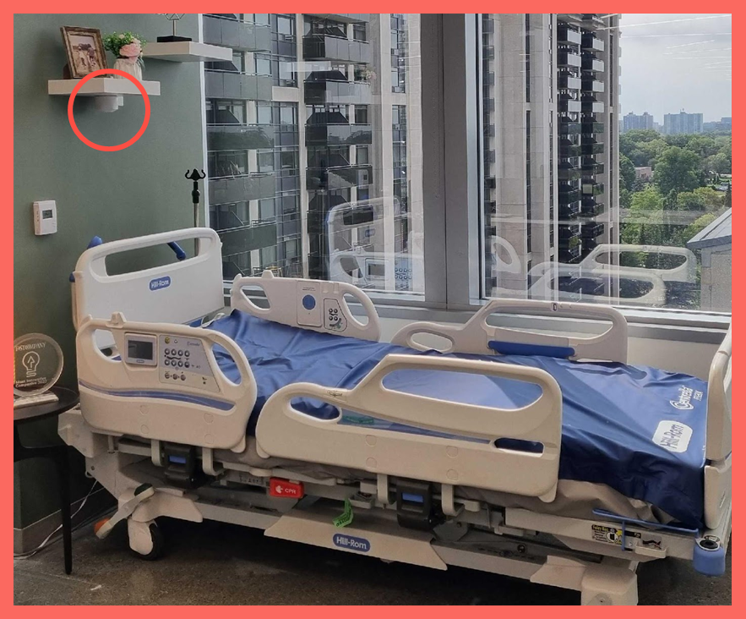  Floating shelf system on wall above bed.  Additional costs may apply. 