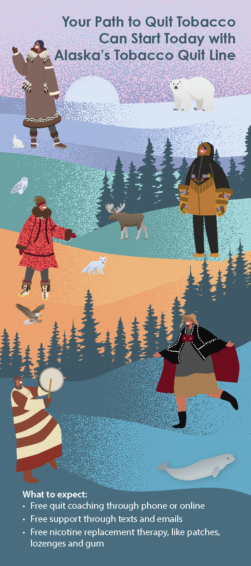 Rack card with the words "Your path to Quit Tobacco Can Start today" with illustrations of  trees, wild animals, and people wearing traditional Alaska Native clothes