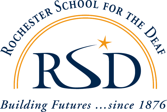 Rochester School for the Deaf logo in blue and ora