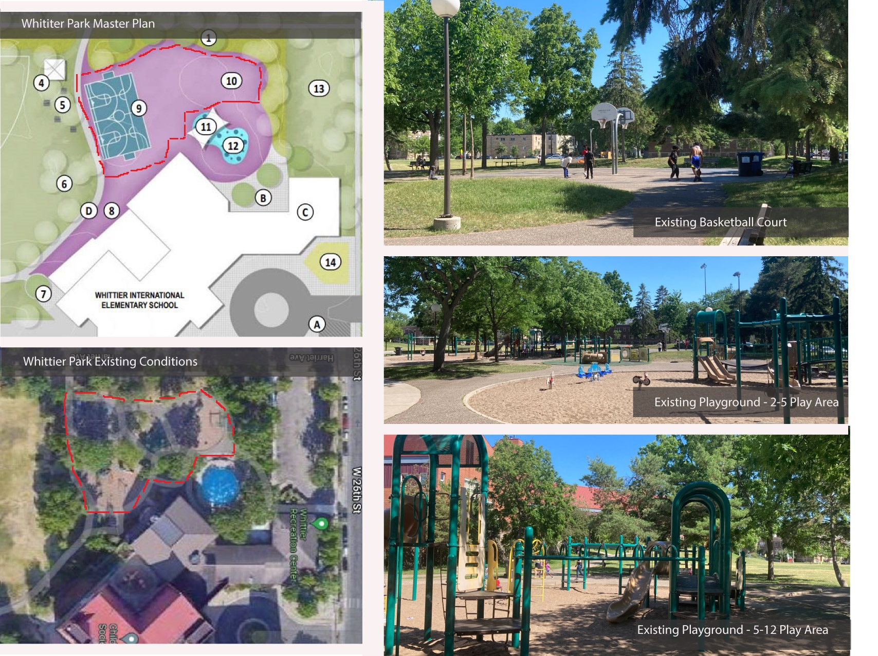 The images below shown on the left are the current Whittier park master plan and existing park conditions.&nbsp; On the right are images of the existing basketball court and playground areas. The focus of this project is improvements to the basketball court and playground areas. The red dotted line shows the project focus.