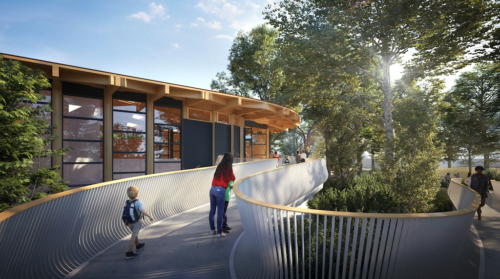 Image B - Elevated path approaching Forest Trailhead pavilion