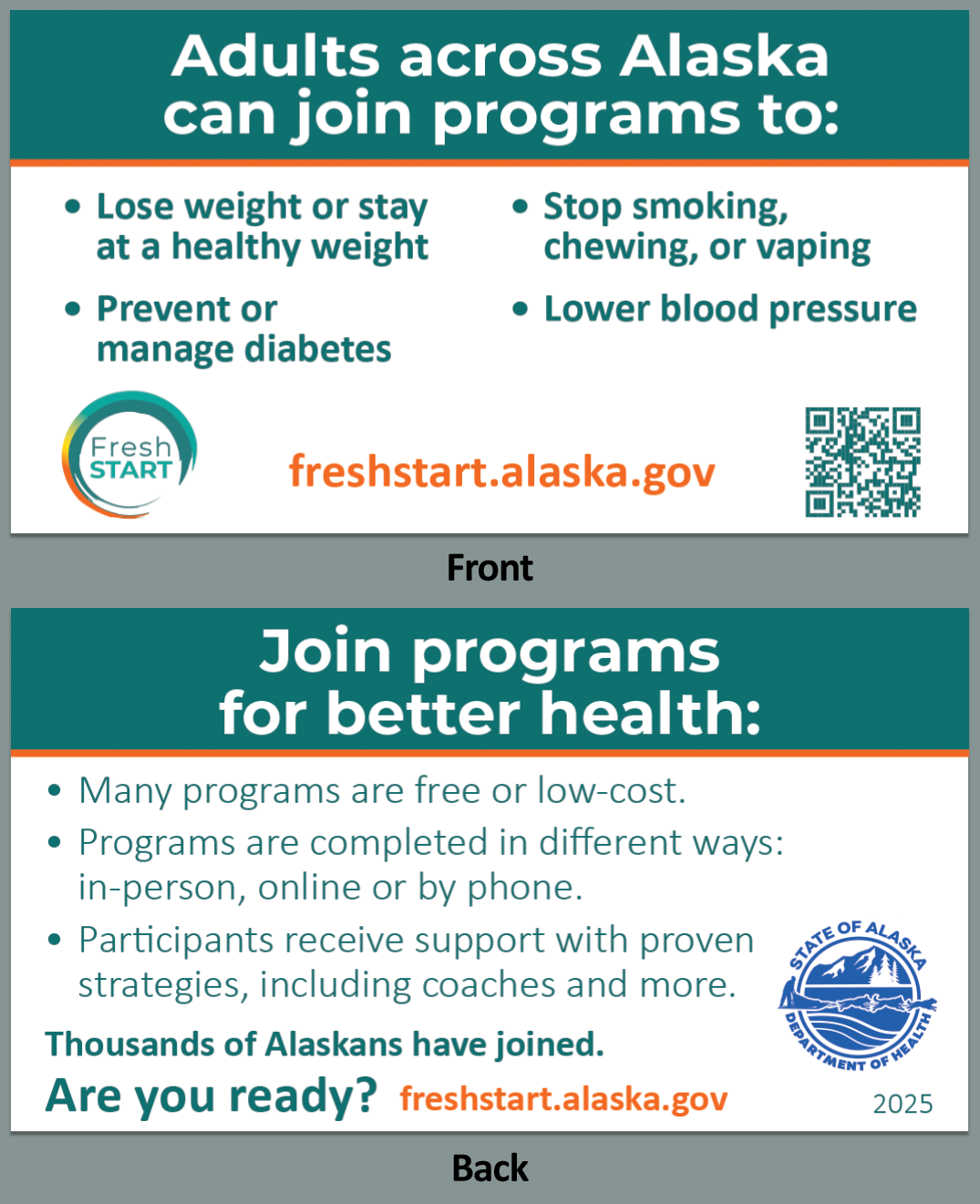 Small two-sided tear-away card with Fresh Start program information