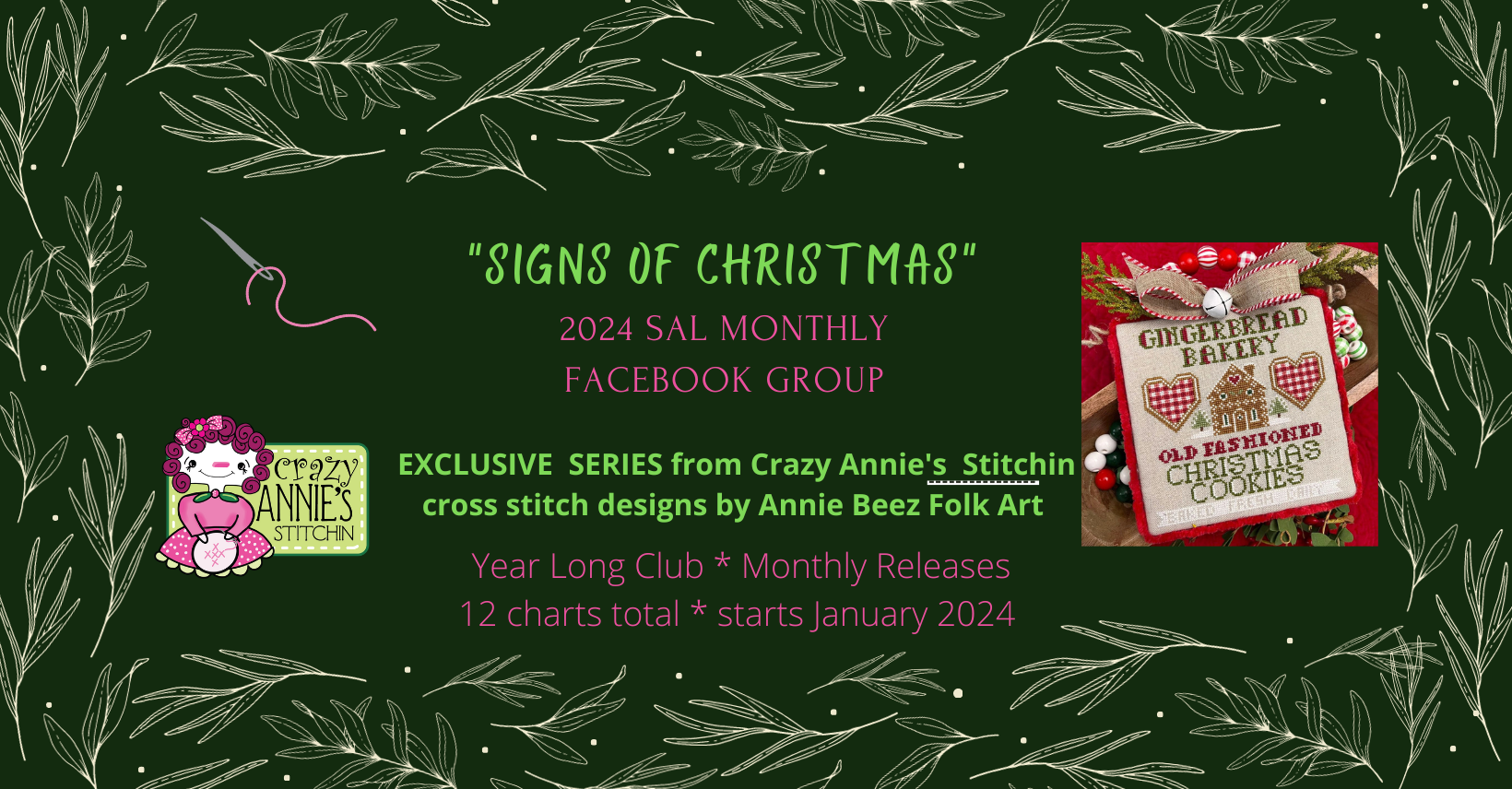 WE HAVE A FACEBOOK GROUP TOO.....how fun will that be. You can share your stitching progress on the ornaments and chat with stitchy friends. This group is currently active (you can join now) and people are now sharing stitching of the last 4 EXCLUSIVE ornament series we have done with Annie Beez and will include the new 2024 SIGNS OF CHRISTMAS series&nbsp; as well.&nbsp;<br><br>Julia Brooks is the Admin of the Group as well as myself. and Annie from Annie Beez. Julia will be the main admin overseeing the group. Annie will be in the background busy designing and myself busy shipping and running our business. We hope you will all share your photos and progress as I am sure Annie would love to see your stitching and finishing of the charts and chat with you all&nbsp;<br><br>LINK to the FACEBOOK GROUP TO ASK TO JOIN IS:<br>https://www.facebook.com/groups/2024crazyanniessignsofchristmasalgroup&nbsp; (copy/paste this link to your browser}<br><br>This group is live and ongoing now so feel free to JOIN at anytime. We will be changing the PROFILE PHOTO in the next week or so to reflect the new series. It still shows now the PROFILE PHOTO at top for this years 2021 SLED ORNIE Club but we will be changing it soon to the new photo (shown below).&nbsp; But this is the correct to sign up in.