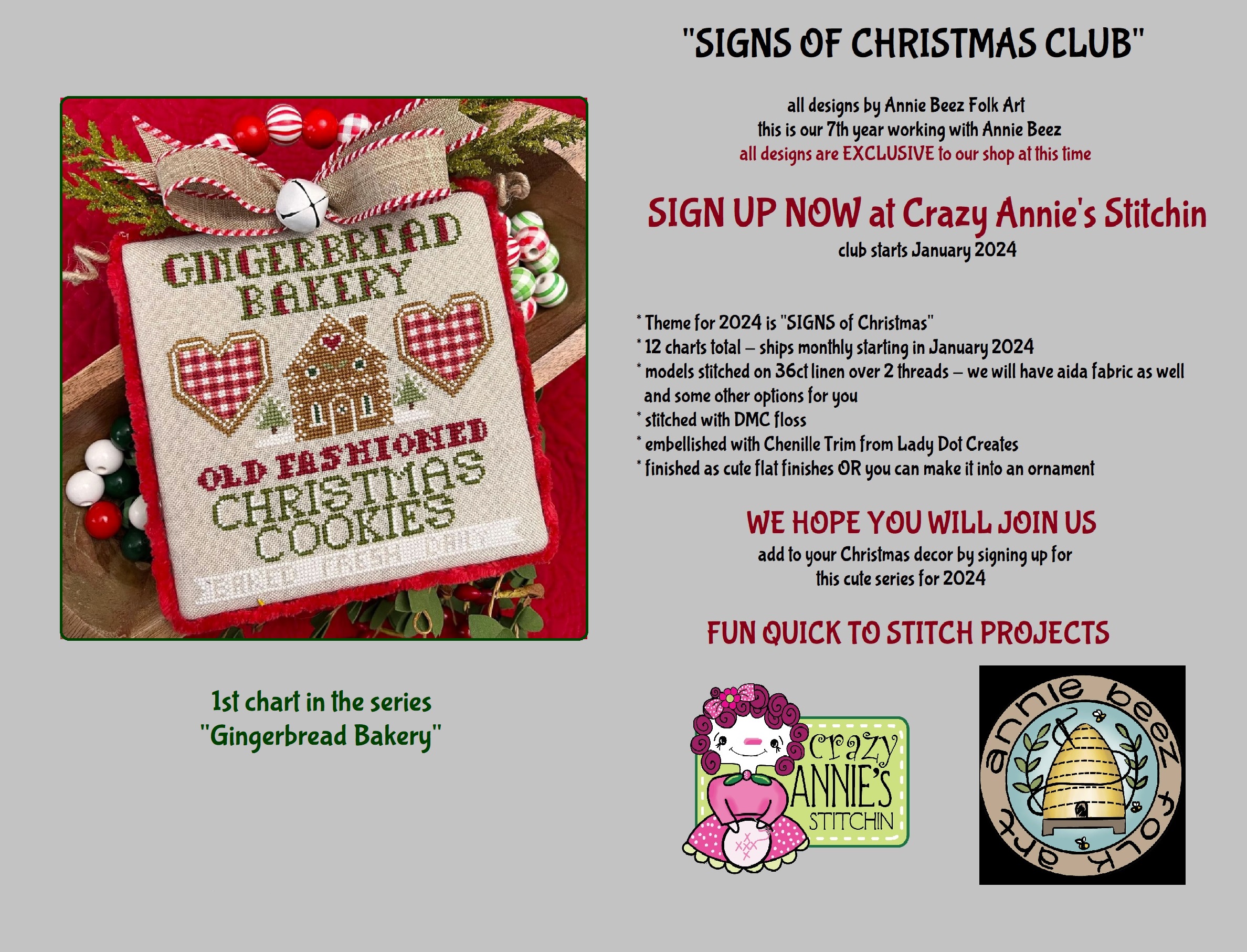 BILLING/ SHIPPING: we will bill you directly thru paypal. We will bill on the 10th of the prior month and ship by the 10th of the actual month. Example: we will bill on December 10th for the 1st release in January 2024, bill on January 10th for the February 2024 release etc.<br><br>We bill a month ahead on this club only due to the large volume of signups we normally get for the club. It takes awhile for everyone to pay and once we are ready to ship we like to be able to mail them all out at one time. We had approx 450 people in the club in 2023 so it get's rather large. PLEASE make prompt payment when you receive our invoice. This enables us to ship when we need to. With a club this large it needs to run smoothly with no hangups. If you foresee some delay in making payment please email us at crazyanniesstitchin@yahoo.com and let us know so we are aware of the delay. Continual late or non-payments will result in you being canceled from the club. We will not chase you down for payment. <br><br>WHEN YOU SIGN UP FOR THE CLUB THIS IS A ONE YEAR COMMITMENT as we order in supplies based on the number of signups we get. So PLEASE be sure you intend to remain in the club for the year. <br><br>All orders will ship USPS First Class Mail w/tracking. If you get the chart only it will ship at a reduced rate each month of $ 2.00. We do this to save you postage for the year on just getting a chart each time. These will NOT have tracking. <br><br>INTERNATIONAL CUSTOMERS: we do ship Internationally. Your shipping cost is based on weight and location. We however are not currently shipping anything to the United Kingdom due to the VAT tax that we now have to collect and pay. We are not setup for that at this time. <br><br>We hope you will join us for another fun series from Annie Beez<br><br>THANKS FOR SIGNING UP FOR THE CLUB <br>Crazy Annie's Stithcin