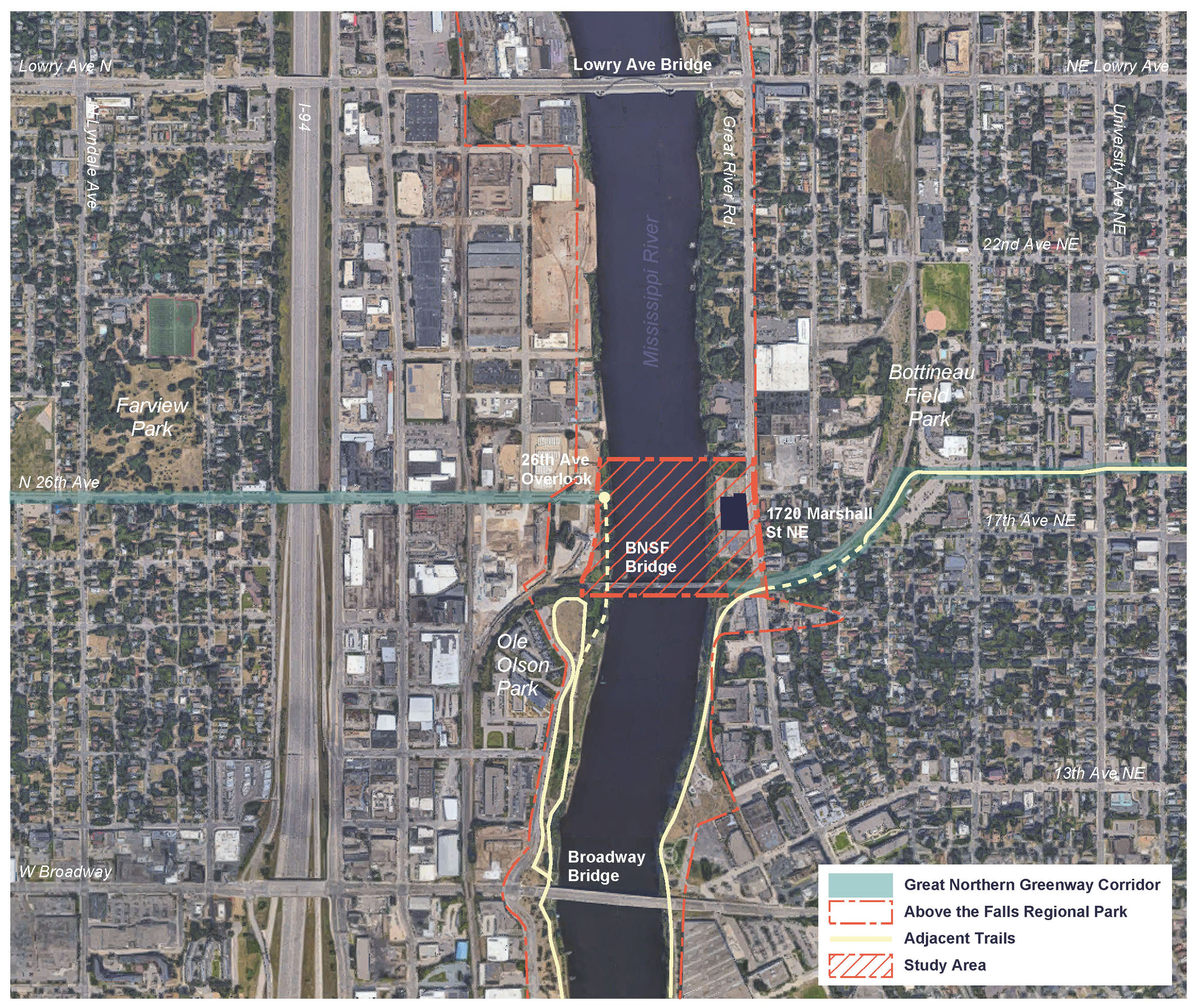 For reference, here is a map showing the general location of the new bridge (study area within orange hashed area) connecting Great Northern Greenway along 26th Avenue North and 18th Avenue Northeast.