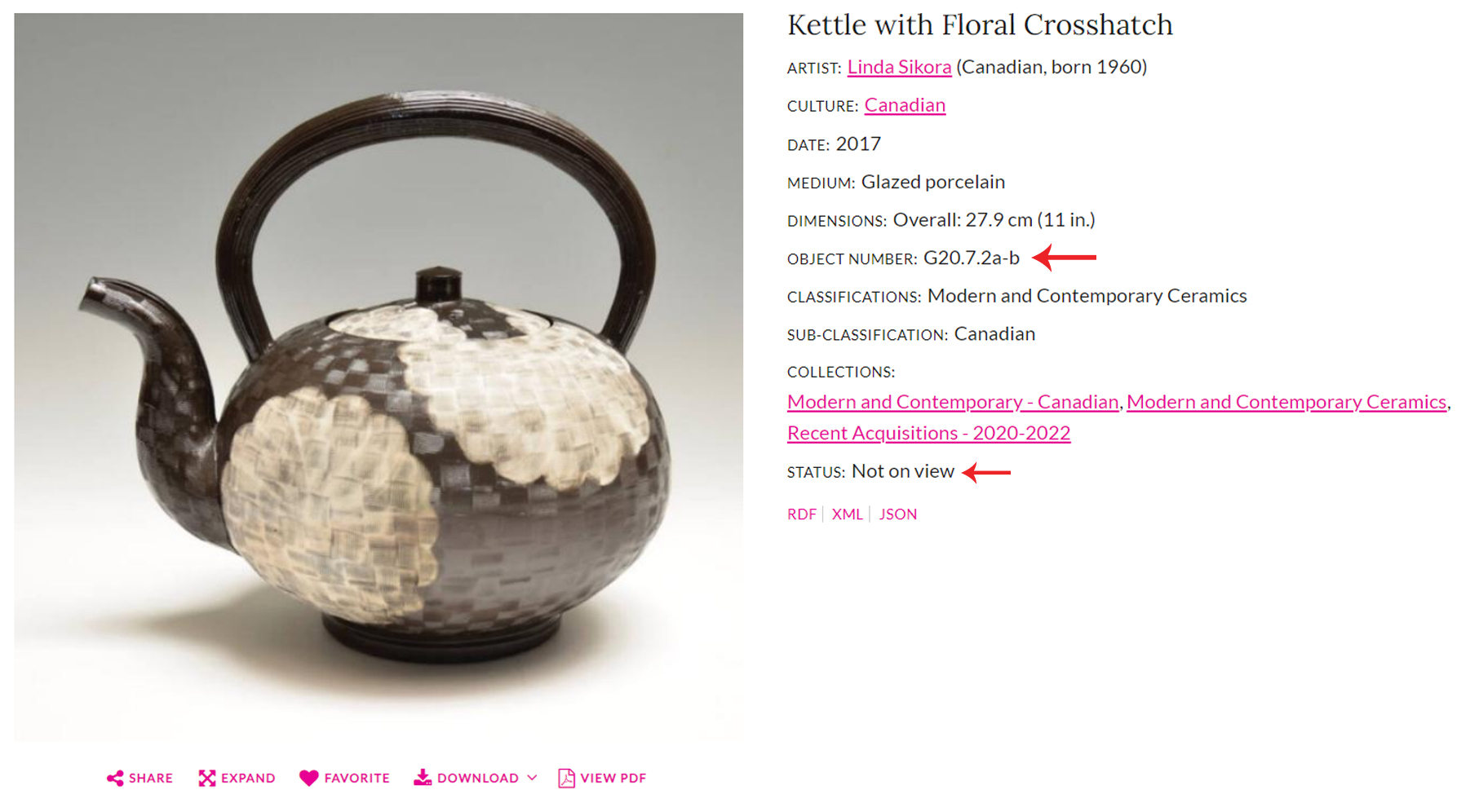A screenshot of "Kettle with Floral Crosshatch" from the Museum's online collections database, with an arrow showing where to find the Object Number and the view status.