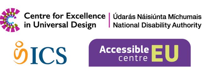 Centre for excellence in Universal Design at  National Disability Authority Logo, ICS Logo and Accessible EU Centre Logo