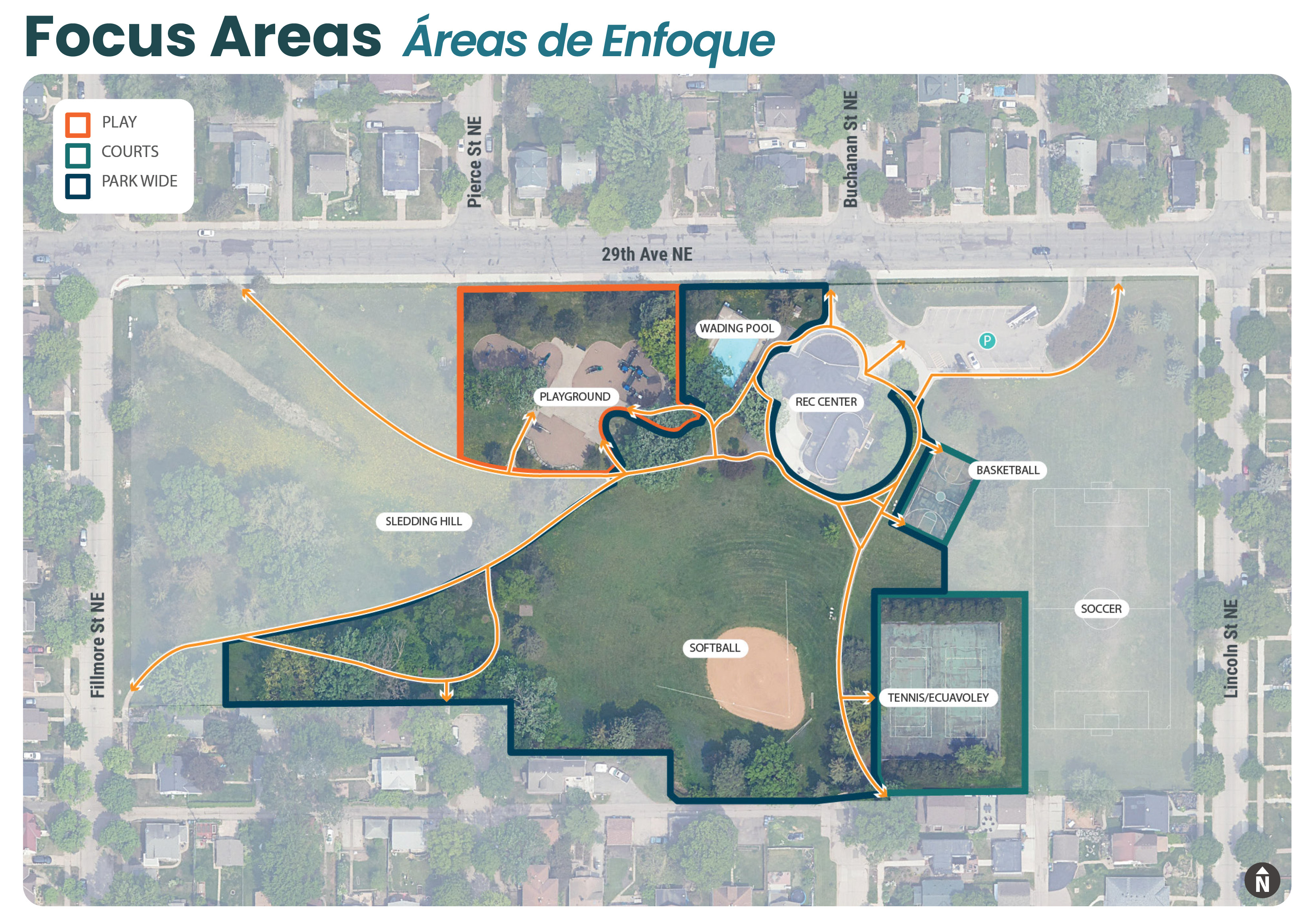 The images below show Audubon Park's current conditions. This project focuses on improving the playground, the basketball court, and the existing tennis courts currently used for other sports. The softball field and wading pool area will not be affected by this project; however, stormwater management and other site improvements are also considered around these areas.