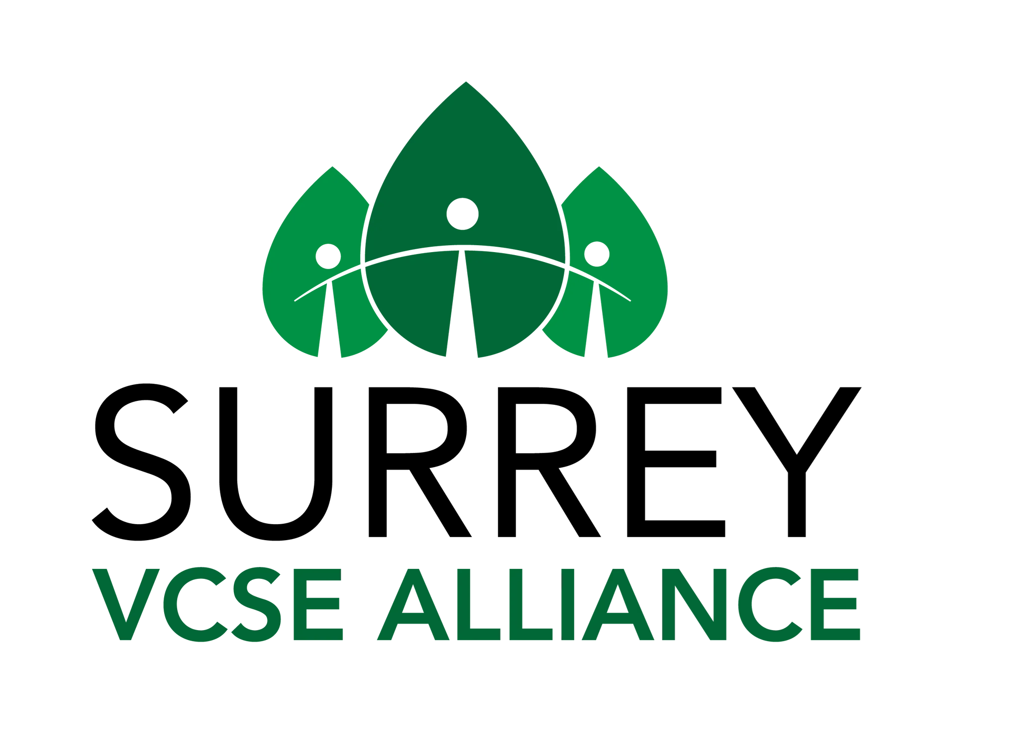 The logo of the Surrey VCSE Alliance, comprising the name underneath a sylized representation of green leaves with human figures enclosed.