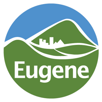 City of Eugene logo in with a blue sky, green hill