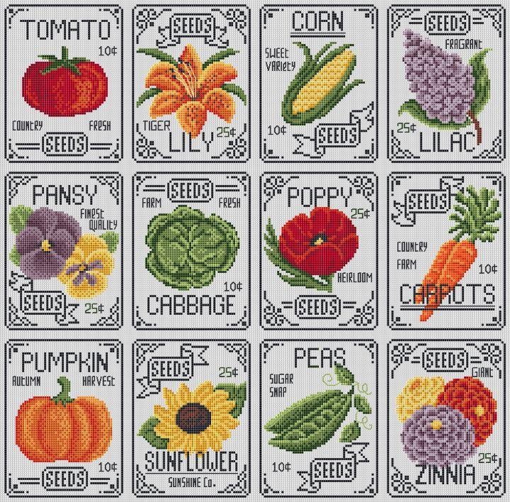 SEED PACKET SERIES by Erin Elizabeth Designs (12 charts total in the series). This is the full layout. You can stitch them individually OR as one large piece.