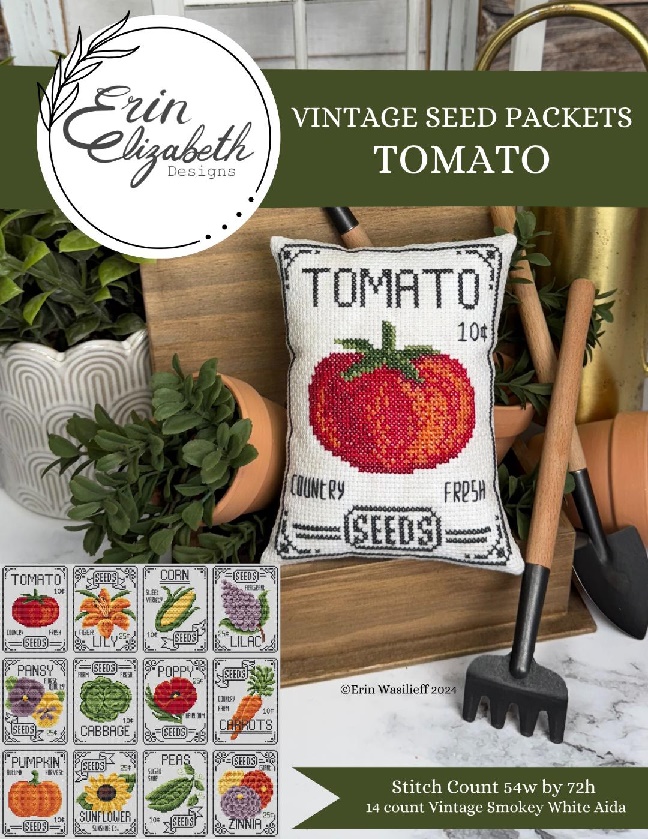 SEED PACKET SERIES by Erin Elizabeth Designs (12 charts total in the series). This is the cover of the 1st chart TOMATO and is finished as a small pillow which is great for dough bowls or tier trays or however you wish to display it. <br><br><strong><span style="color: #ff0000; font-size: 18pt;">WE WILL BE INCLUDING A LITTLE EXTRA SUPRISE GOODIE IN YOUR FIRST PACKAGE FROM US - what do you think it will be ? </span></strong>