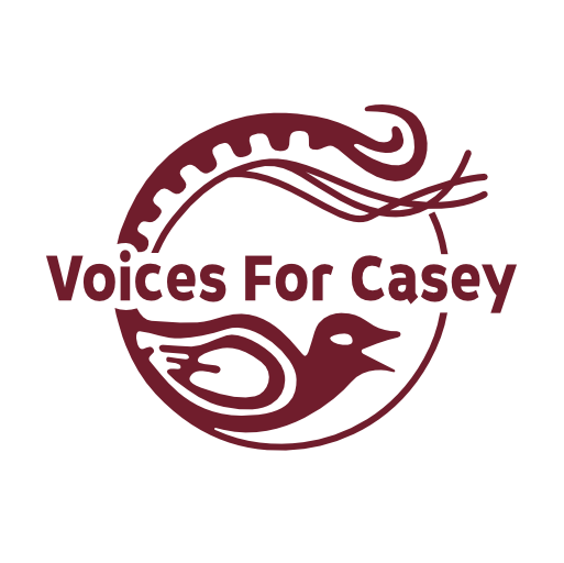 Voices For Casey text encased in a round lyrebird 