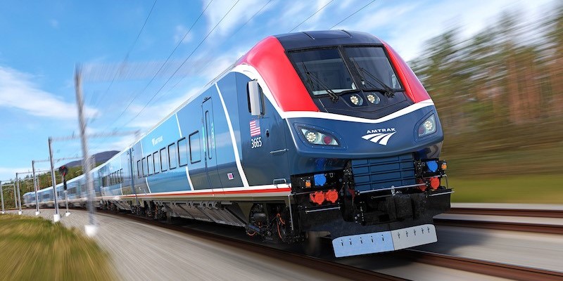 A rendition of a new Siemens "Ario" train set, currently being built for Amtrak.