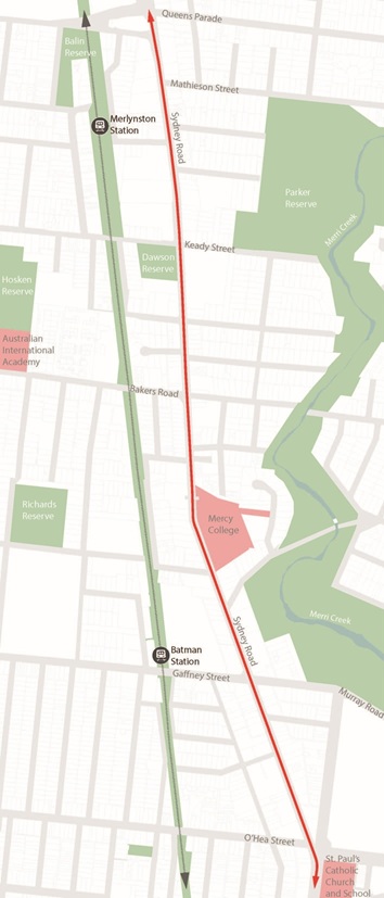 Image of a map from O’Hea St/Pentridge Boulevard and Boundary Road/Queens Parade, with Sydney Road highlighted in red
