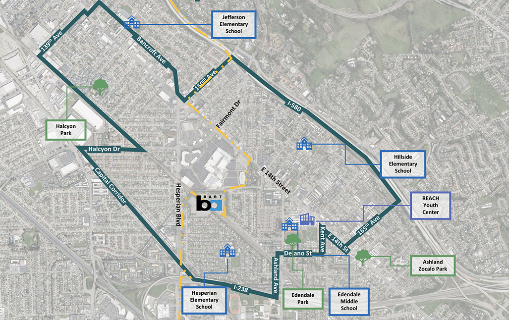 Map showing a section of San Leandro and Unincorporated Alameda County, highlighting key schools, parks, and community facilities near the Bay Fair BART station. The map includes major roads such as 150th Avenue, Bancroft Avenue, 139th Avenue, Halcyon Drive, Kent Avenue, Ashland Avenue, 165th Avenue, and I-580. Schools marked include Jefferson Elementary, Hillside Elementary, Hesperian Elementary, Edendale Middle School, and Edendale Elementary. Parks labeled are Halcyon Park, Edendale Park, and Ashland Zocalo Park. The REACH Youth Center is also noted. The Bay Fair BART station and surrounding commercial area are centered on the map.