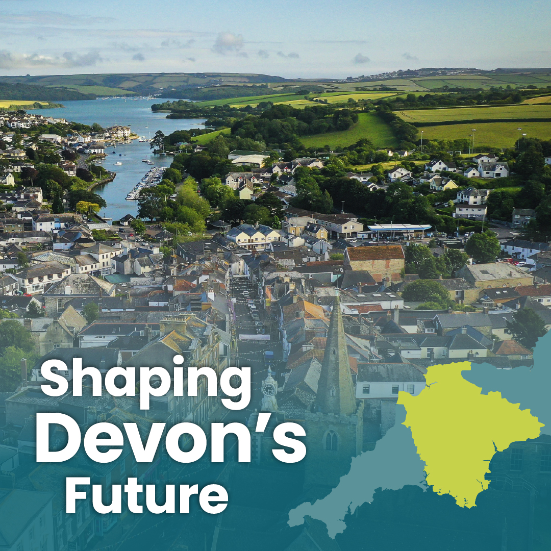 Aerial view of a coastal town in Devon, England, featuring winding streets and clustered houses, with a river flowing into the sea. Text overlay reads "Shaping Devon's Future" with a map outline of Devon highlighted in yellow.