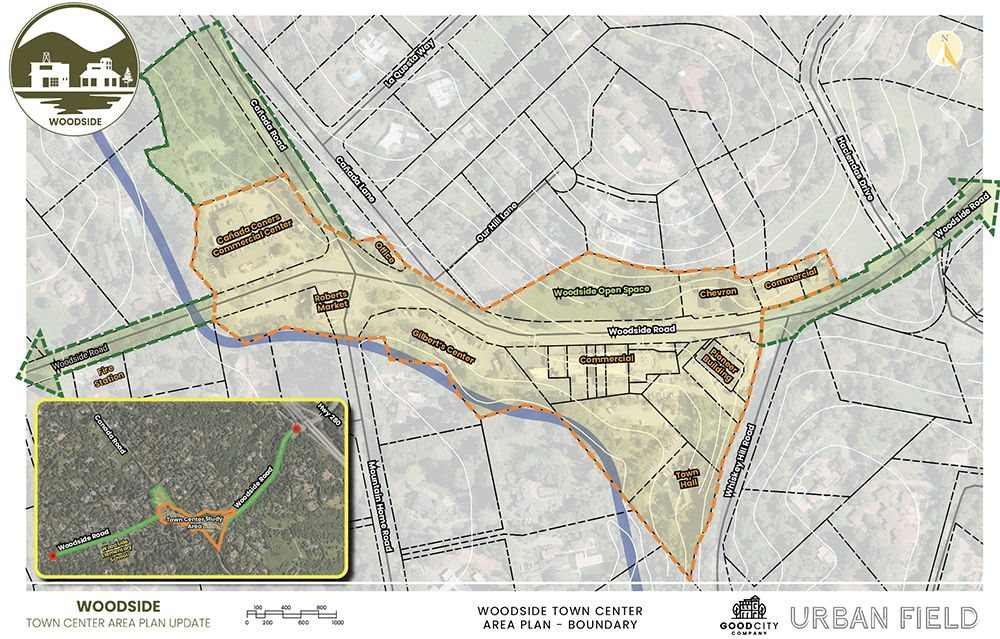 Map of the Woodside Town Center Area Plan boundary. The map highlights key landmarks such as Roberts Market, Pioneer Hotel, Town Hall, Bucks Bakery & Hardware, and a Chevron station. Roads like Woodside Road, Canada Road, and Mountain Home Road define the area, which is outlined with dashed green and orange boundaries. A creek runs through the southern portion. The inset map in the lower left shows the location of the Town Center Study Area in relation to Highway 280. Key parcels and uses are labeled, including commercial, office, open space, and civic uses. 