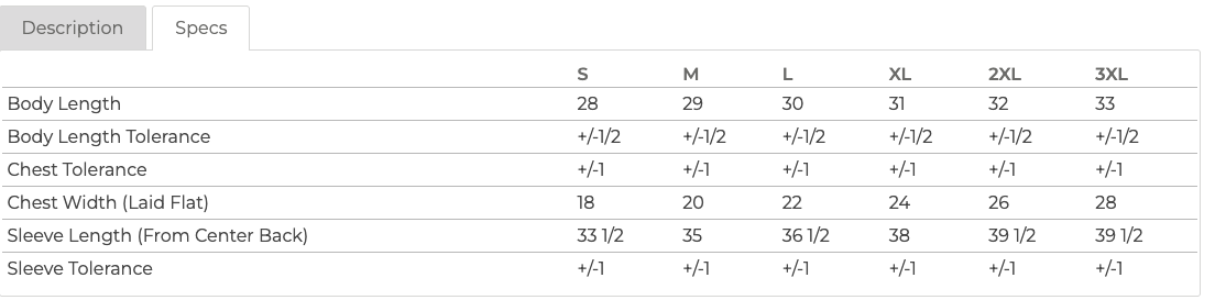 Adult Shirt Size Chart