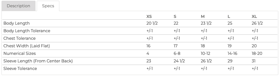 Youth Shirt Size Chart