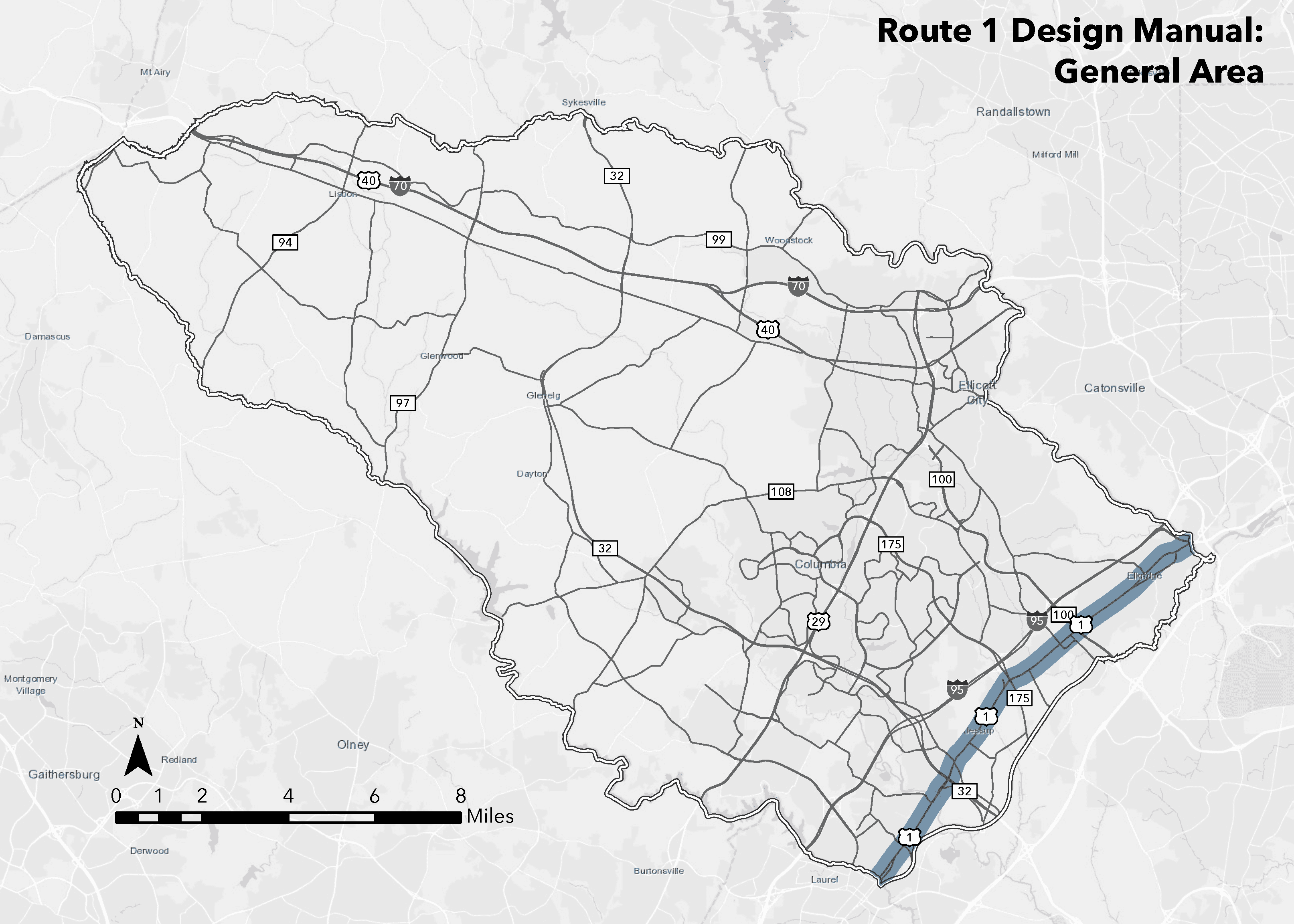 <em>Map of Route 1 Corridor with fuzzy &frac12; mile buffer from each roadway</em>