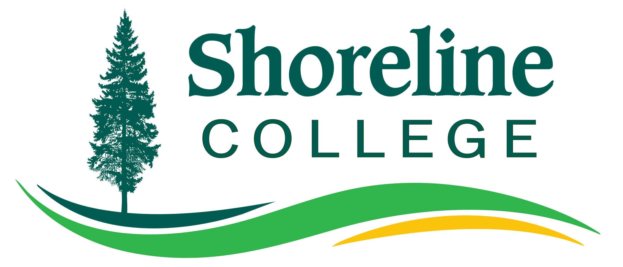Tree and wave logo with a Western Red Cedar over layered waves, next to the words Shoreline College