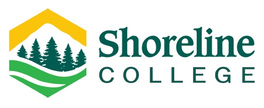 A hexagon badge with green waves below pine trees, and golden sun at the top, next to the words Shoreline College