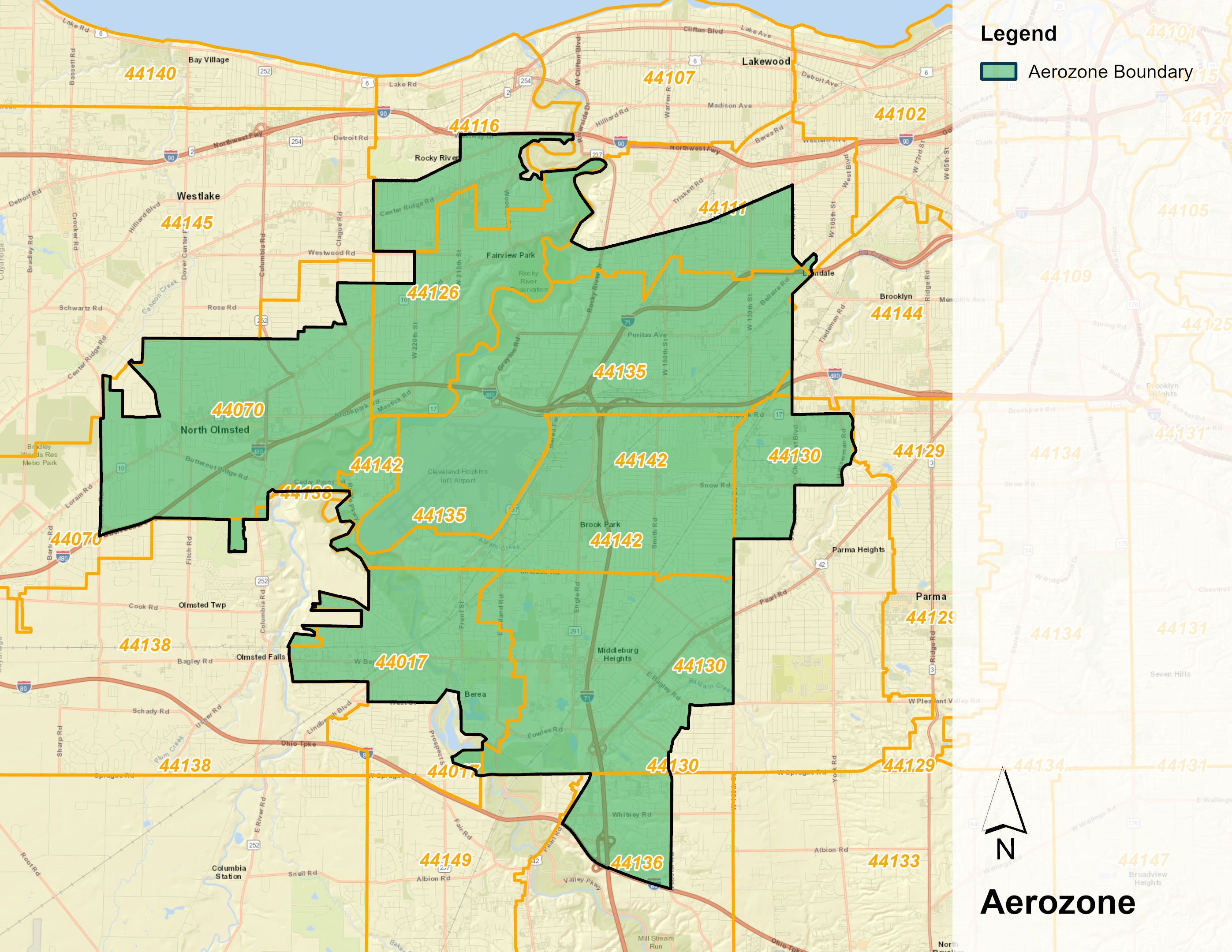 For reference, the Aerozone District is shown in the following map, with the Cleveland airport being located at the center of the district: