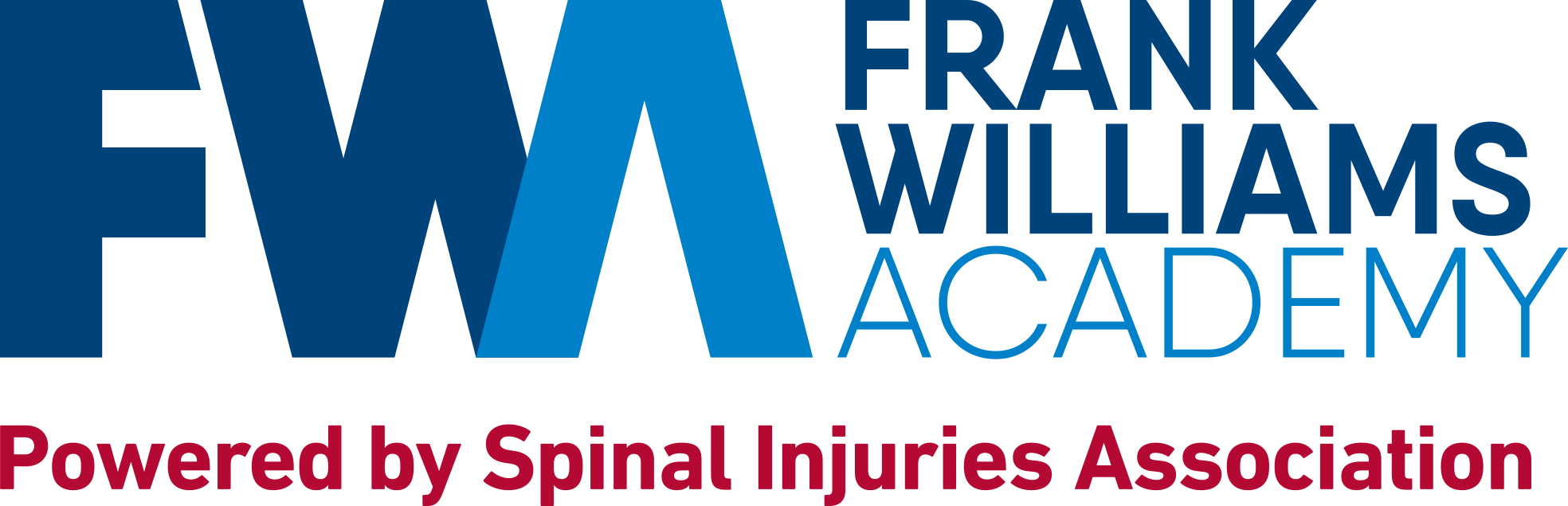 SIA's Frank Williams Academy logo which says FWA in 2 shades of blue, and has Frank Williams Academy written next to it. Below this, it says Powered by Spinal Injuries Association in red.