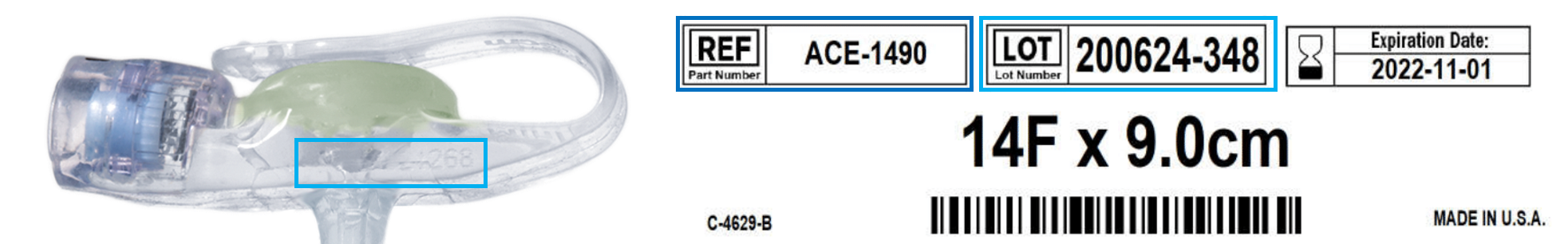 Example of where to find your AMT MiniSPC&trade; Device Lot Number and Part Number (Your device bolster or your product label):