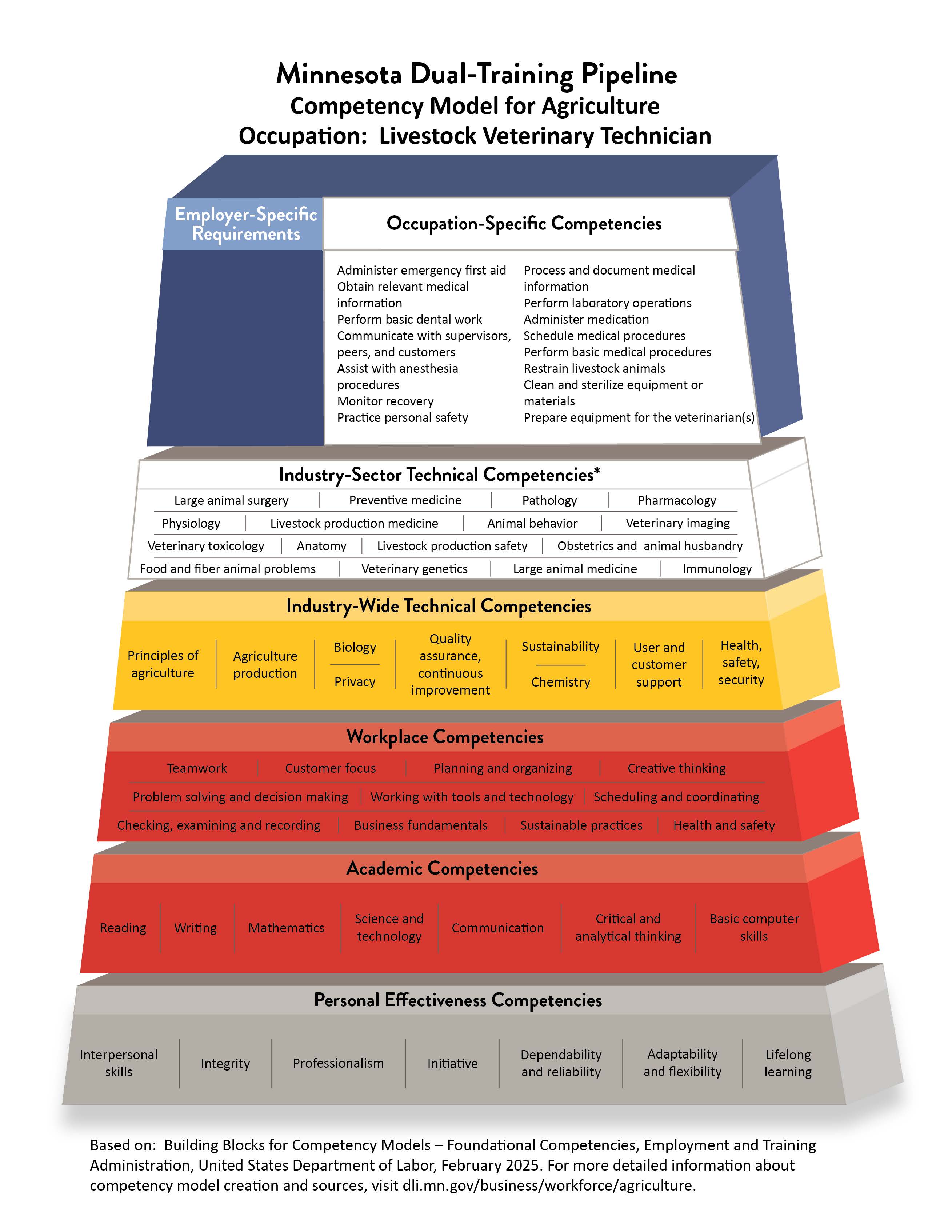 Minnesota Dual-Training Pipeline Competency Model for Agriculture Occupation:  Livestock Veterinarian Technician. Employer specific requirements:  Left blank intentionally for employers to fill in items unique to their organization.    Occupation specific competencies: Administer emergency first aid Obtain relevant medical information  Perform basic dental work  Communicate with supervisors, peers, and customers  Assist with anesthesia procedures  Monitor recovery  Practice personal safety  Process and document medical information   Perform laboratory operations  Administer medication  Schedule medical procedures  Perform basic medical procedures  Restrain livestock animals  Clean and sterilize equipment or materials  Prepare equipment for the veterinarian(s)   Industry Sector Technical Competencies: Large animal surgery  Preventive medicine  Pathology  Pharmacology  Physiology  Livestock production medicine  Animal behavior  Veterinary imaging  Veterinary toxicology  Anatomy  Livestock production safety Obstetrics and animal husbandry  Food and fiber animal problems  Veterinary genetics Large animal medicine Immunology  Industry-Wide Technical Competencies: Principles of agriculture; Agriculture production; Quality assurance, continuous improvement; Sustainability; User and customer support; Health, safety, security; Chemistry, Biology, Privacy.  Workplace Competencies- Teamwork, Customer Focus, Planning and Organizing, Creative Thinking, Problem Solving and Decision-Making, Working with Tools and Technology, Scheduling and Coordinating, Checking, Examining, and Recording, Business Fundamentals, Sustainable Practices, Health and Safety. Academic Competencies- Reading, Writing, Mathematics, Science and Technology, Communication, Critical and Analytical Thinking, Basic Computer Skills. Personal Effectiveness Competencies- Interpersonal Skills, Integrity, Professionalism, Initiative, Dependability and Reliability, Adaptability and Flexibility, Lifelong Learning Based on:  Building Blocks for Competency Models - Foundational Competencies, Employment and Training Administration, United States Department of Labor, February 2025. For more detailed information about competency model creation and sources, visit https://www.dli.mn.gov/business/workforce/agriculture