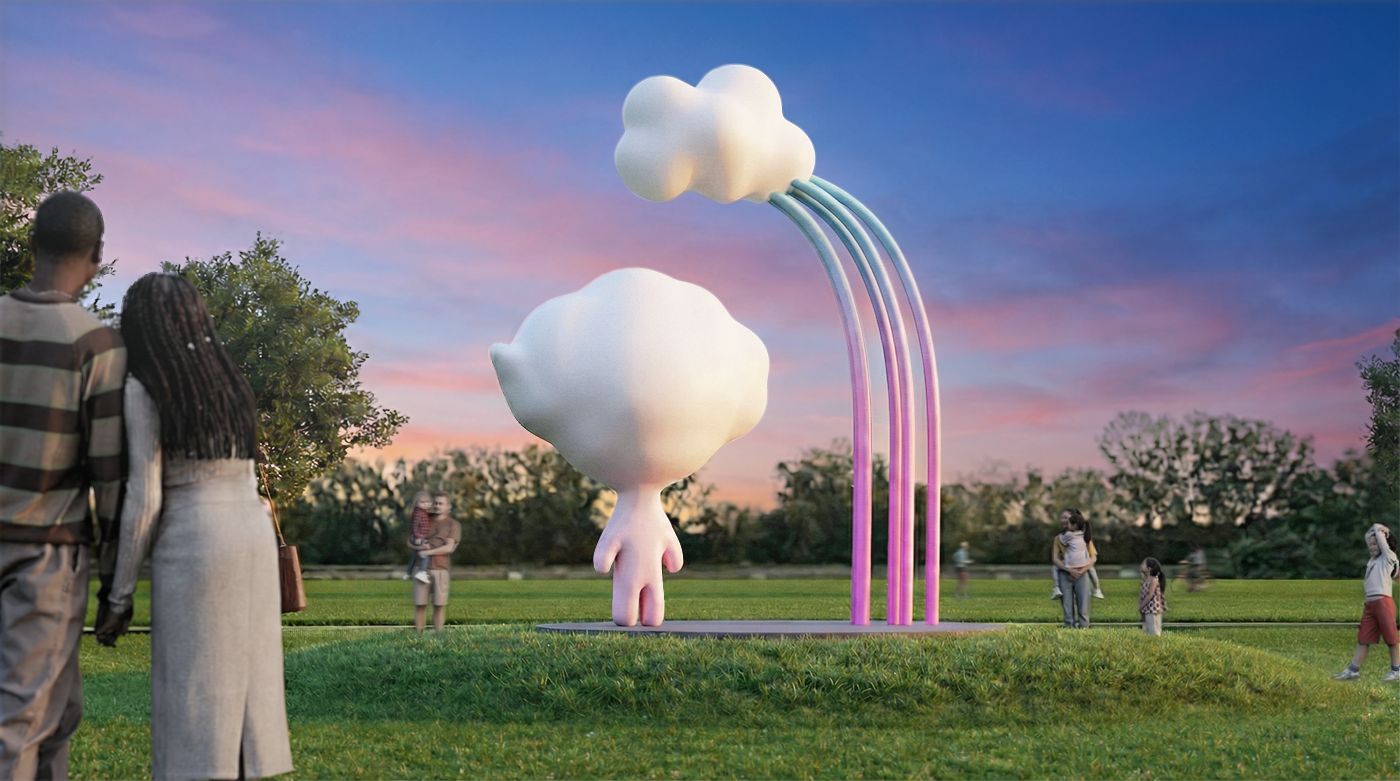 A sculpture depicting a human-like form with a puffy cloud as a head. A small puffy cloud floats above them. 