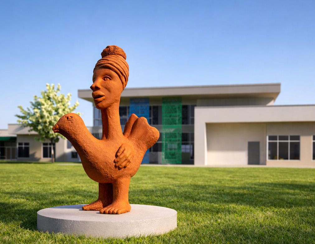 A brownish clay colored sculpture depicting a bird with large human feet and a woman's head and next extending from the back.
