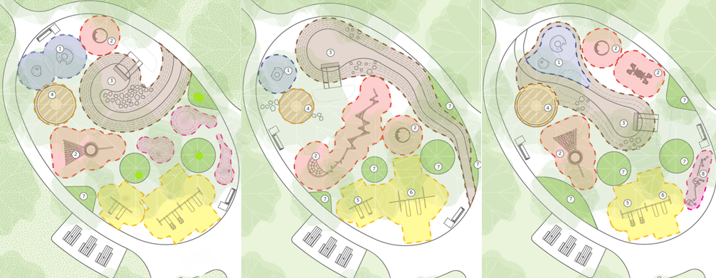 image shows a Birdseye view of all three playground layout options