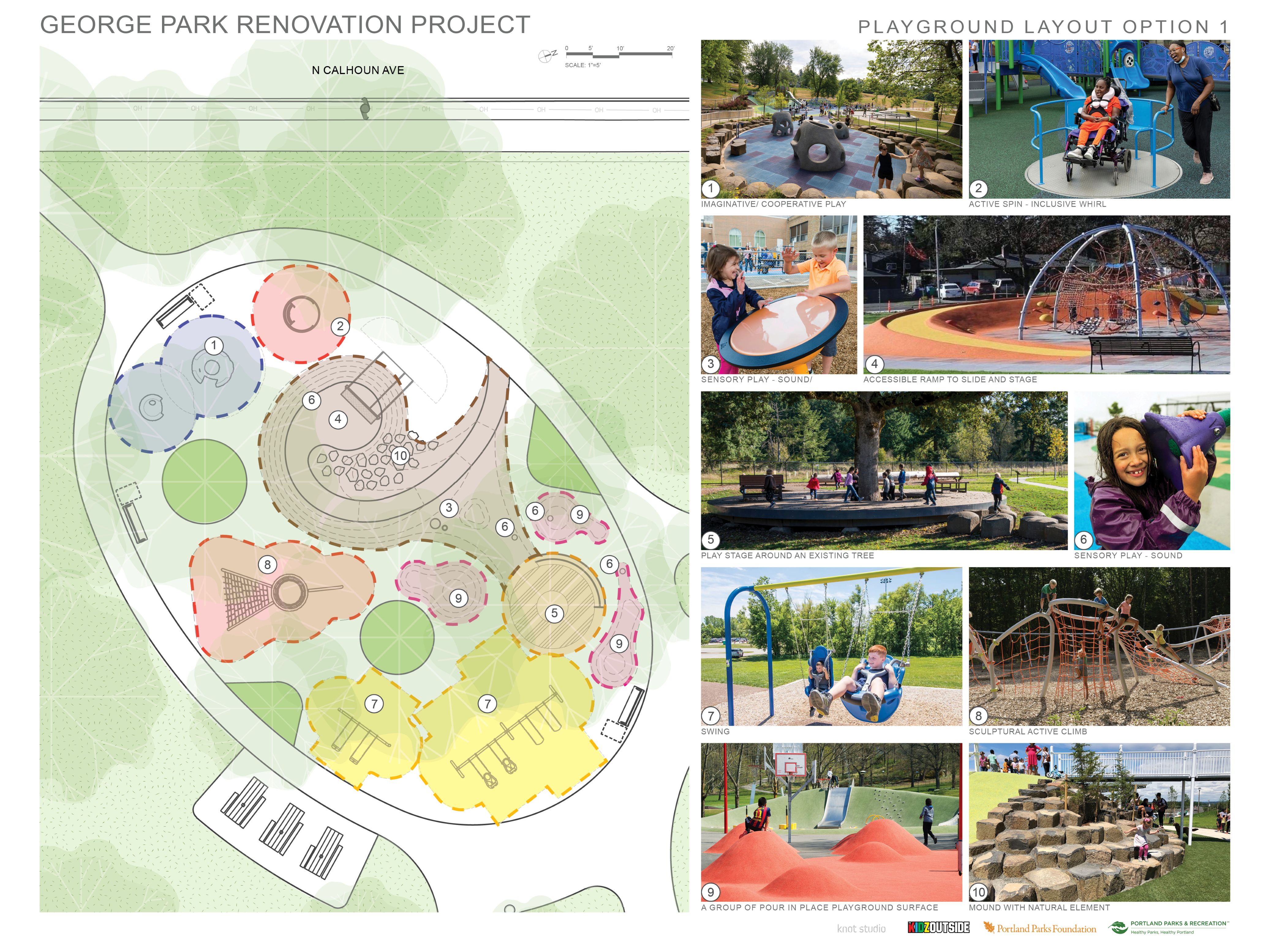 Image shows a bird's eye view of George Park playground layout option 1