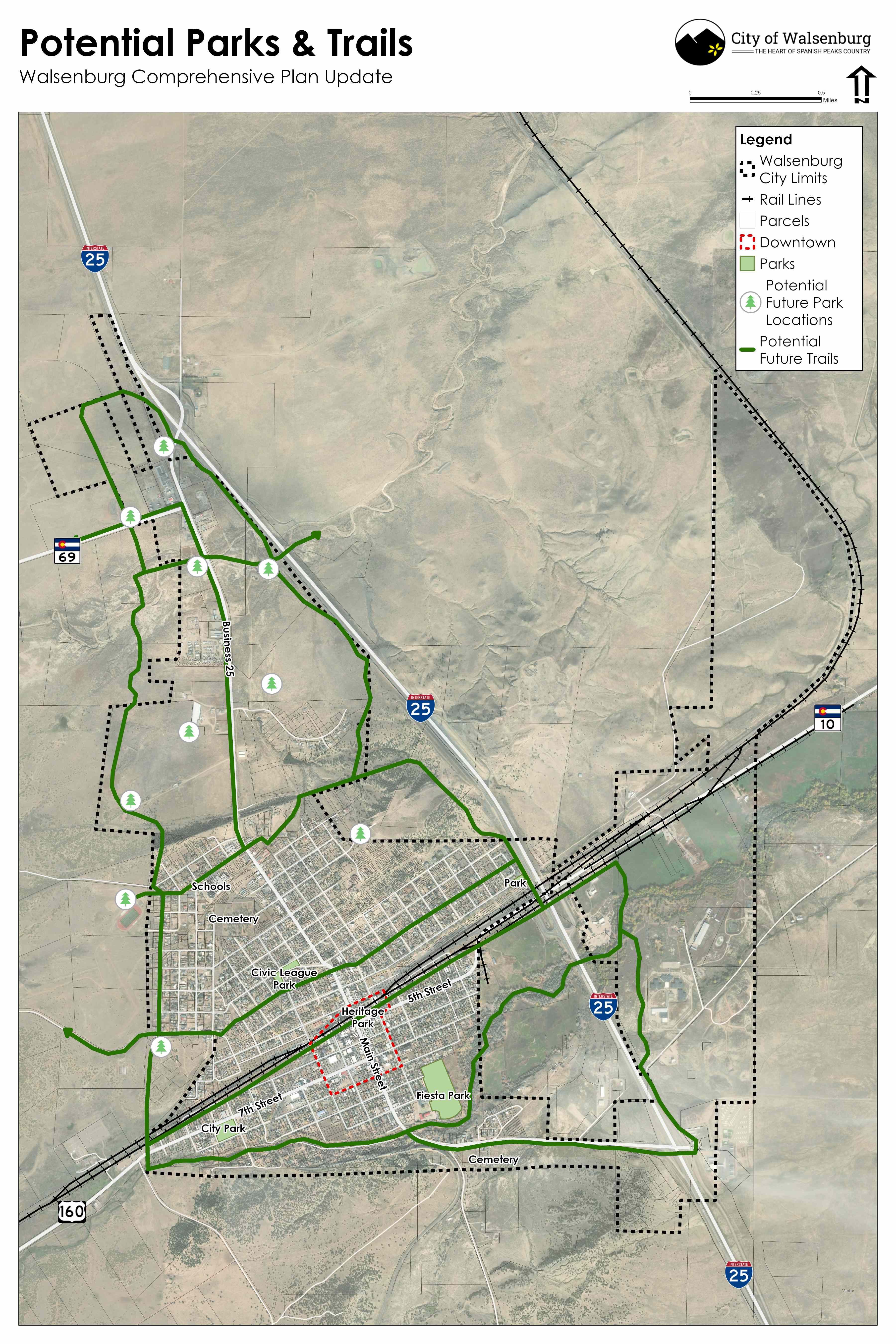 This diagram highlights conceptual, general locations for trails to connect within Walsenburg and to other locations in the area over time. It also shows the general location for future parks in the future as the community may grow to the north. The overall goal of the plan is to have parks located within a quarter mile of all residences in town, to provide easy access to parks.