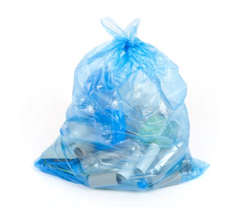 Blue plastic bag with recyclable materials