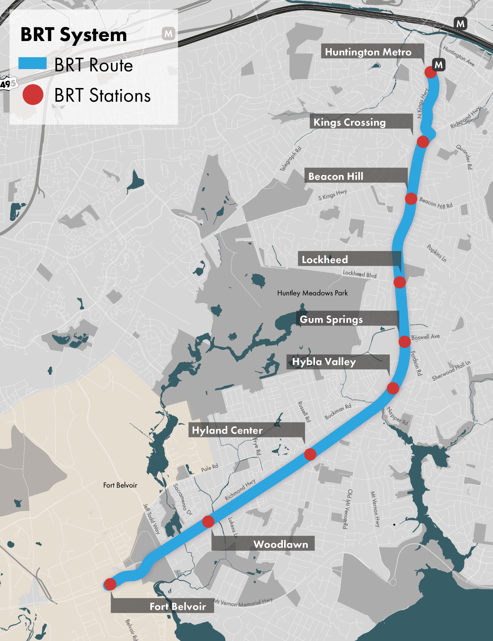 Mapa de las estaciones del BRT de Richmond Highway, en el que se muestran las nueve ubicaciones de las estaciones mencionadas anteriormente.
